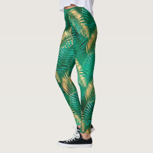 Emerald Green Palm Leaf Bright Golden Jungle Leggings