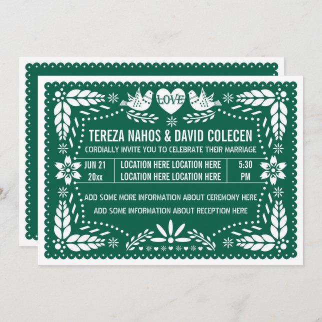 Emerald green papel picado love birds wedding invitation (Front/Back)