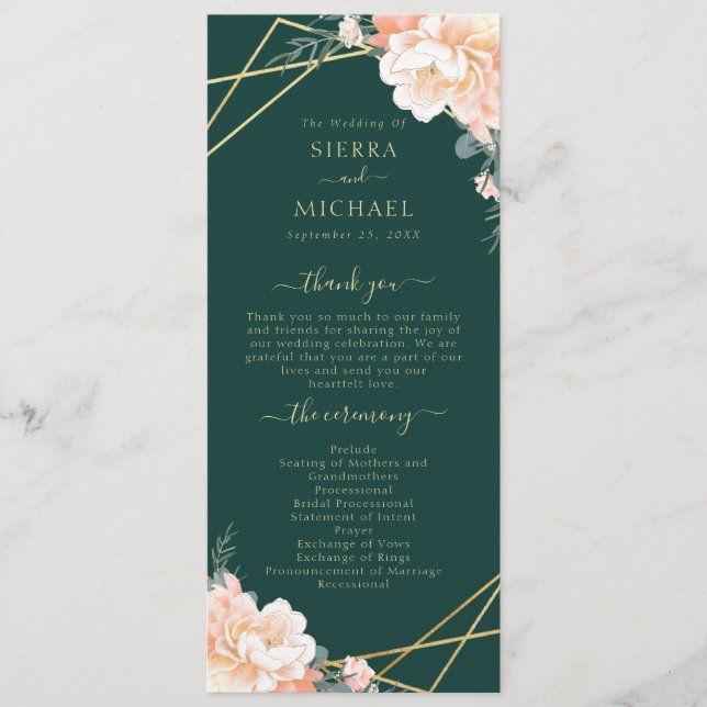 Emerald Green Peach Cream Gold Geometric Wedding Programme (Front)