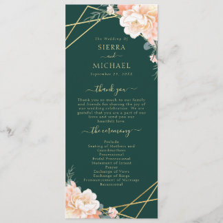 Emerald Green Peach Cream Gold Geometric Wedding Programme