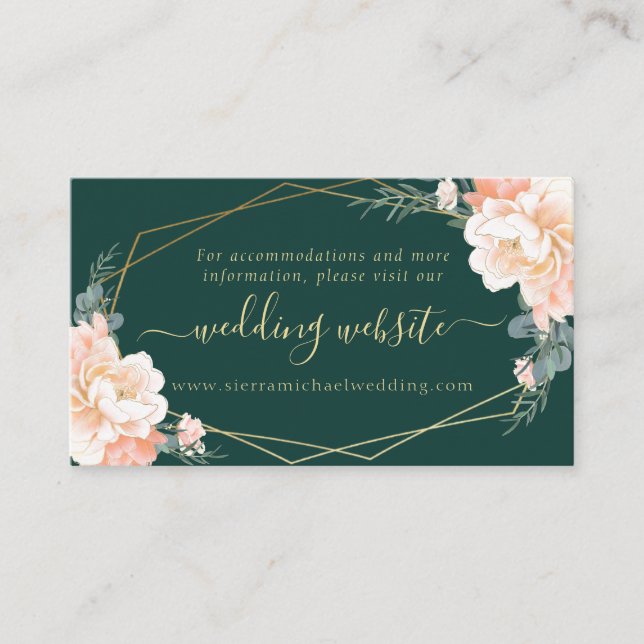 Emerald Green Peach Gold Floral Wedding Website Enclosure Card (Front)