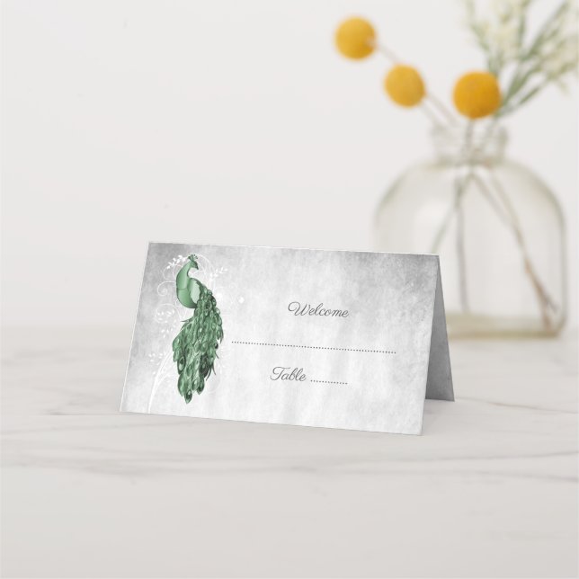 Emerald Green Peacock Reception Place Card (Front)