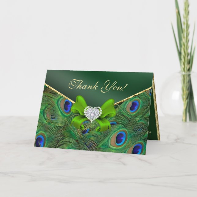 Emerald Green Peacock Thank You Card (Front)