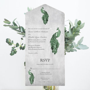 Emerald Green Peacock Wedding All In One Invitation