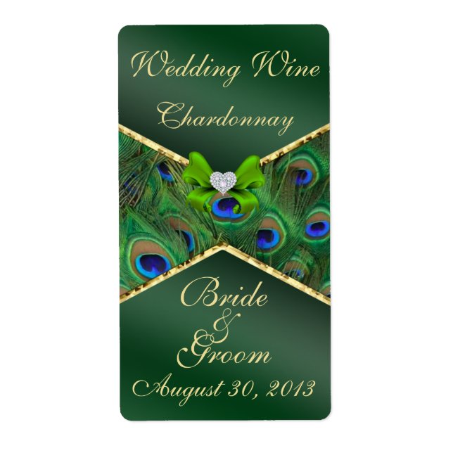Emerald Green Peacock  Wedding Wine Label (Front)