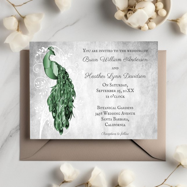 Emerald Green Peacock White Botanical Wedding Invitation (Emerald Green Peacock Wedding Invitation)