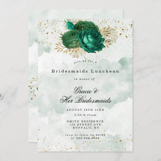 Emerald Green Peony Bridesmaids Luncheon Invite (Front/Back)
