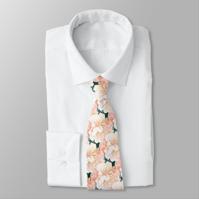 Emerald Green Peony Floral Pattern Wedding Tie (Tied)