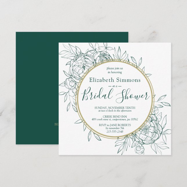 Emerald Green Peony Modern Toile Bridal Shower Invitation (Front/Back)