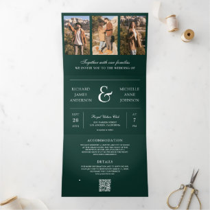 Emerald Green Photo Collage QR Code Wedding Tri-Fold Invitation