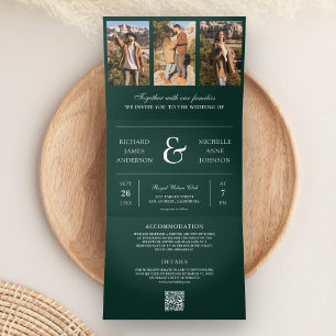 Emerald Green Photo Collage QR Code Wedding Tri-Fold Invitation