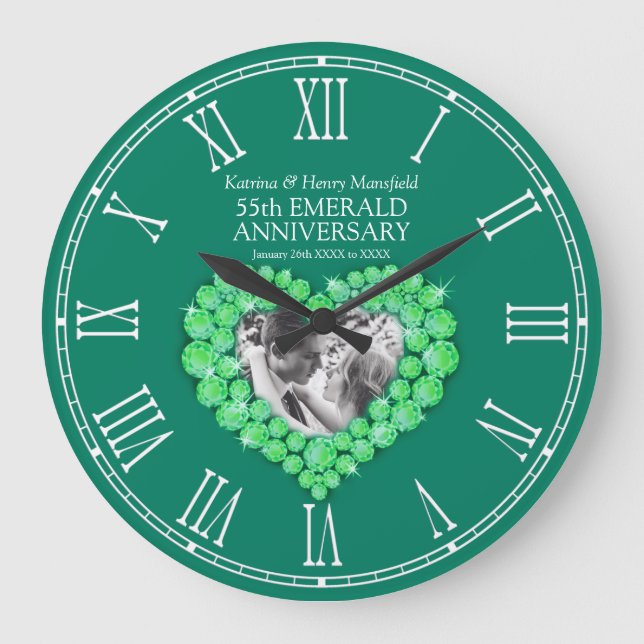 Emerald green photo heart 55th wedding anniversary large clock (Front)
