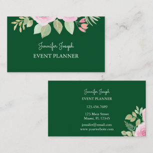Emerald Green Pink Floral Event Planner Business Card