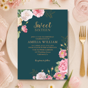 Emerald Green Pink Floral Sweet 16 Birthday Invitation