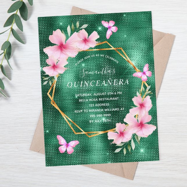 Emerald green pink florals Quinceanera Postcard (Creator Uploaded)