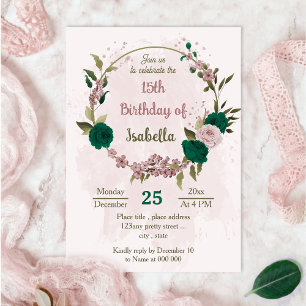 emerald green pink flowers botanical birthday invitation