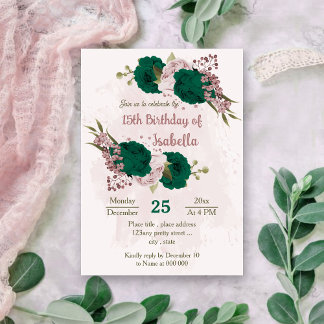 emerald green pink flowers botanical birthday invitation