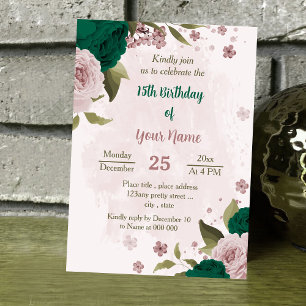 emerald green pink flowers botanical birthday invitation