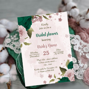 emerald green pink flowers botanical bridal shower invitation