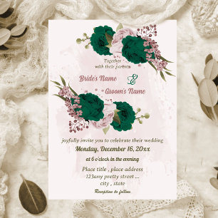 emerald green pink flowers botanical wedding invitation