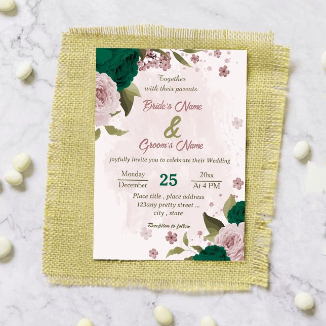 emerald green pink flowers botanical wedding invitation (Creator Uploaded)