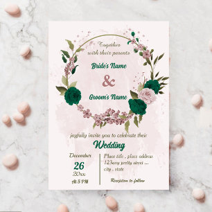 emerald green pink flowers botanical wedding invitation
