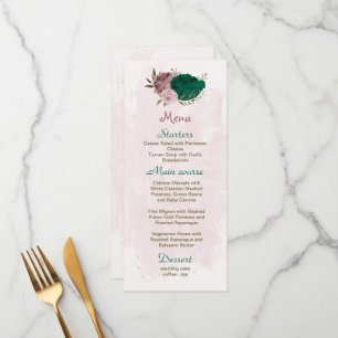 emerald green pink flowers botanical wedding menu
