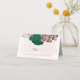 emerald green pink flowers botanical wedding place card