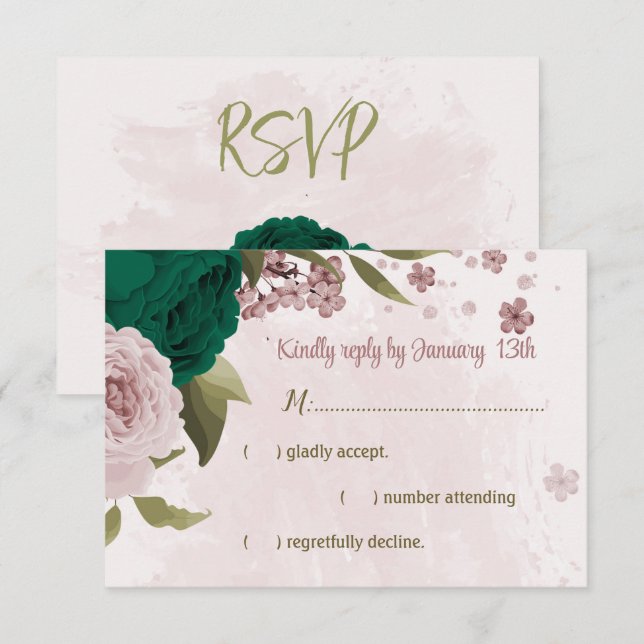emerald green pink flowers botanical wedding RSVP card (Front/Back)