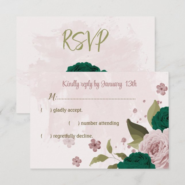 emerald green pink flowers botanical wedding RSVP card (Front/Back)