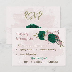 emerald green pink flowers botanical wedding RSVP card