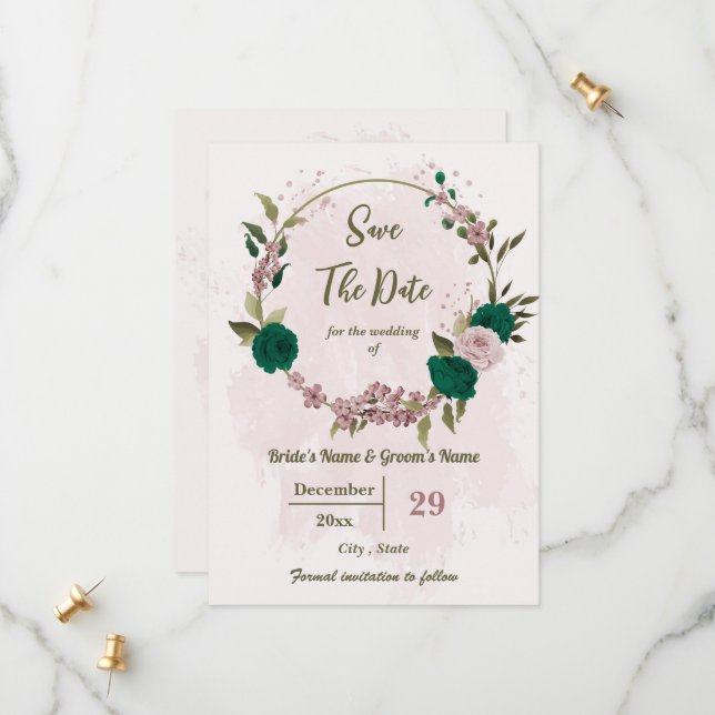 emerald green pink flowers botanical wedding save the date (Front/Back In Situ)