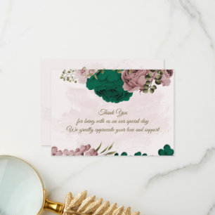 emerald green pink flowers botanical wedding thank you card