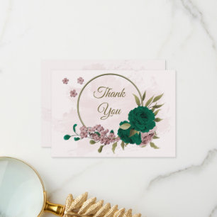 emerald green pink flowers botanical wedding thank you card