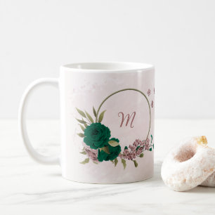 emerald green pink flowers coffee mug