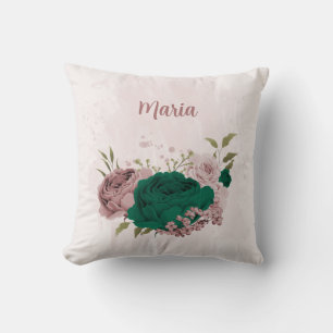 emerald green pink flowers cushion
