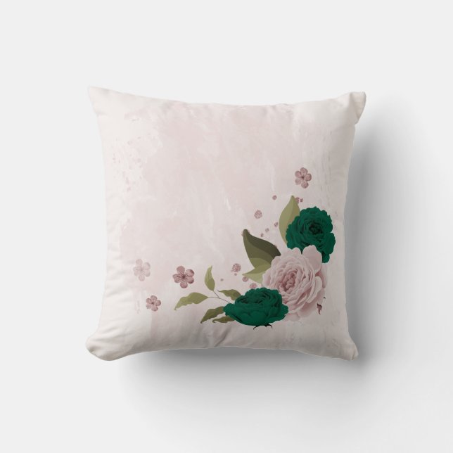 emerald green pink flowers  cushion (Front)