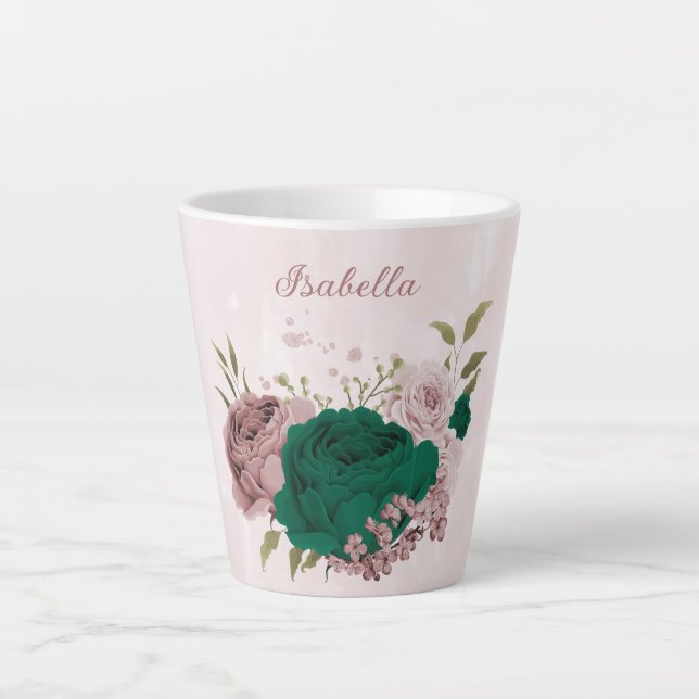 emerald green pink flowers  latte mug (Front)
