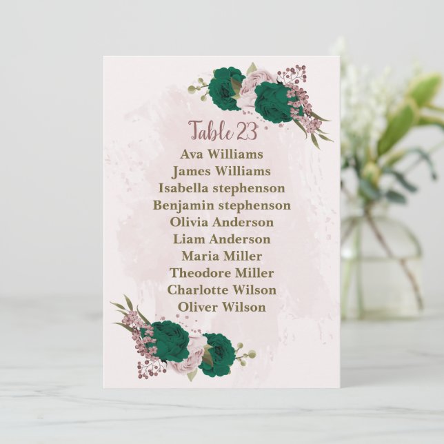 emerald green pink flowers seating chart card (Standing Front)