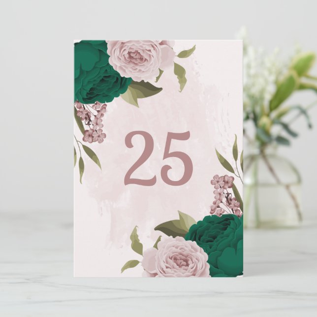 emerald green pink flowers table number card (Standing Front)