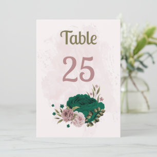 emerald green pink flowers table number card