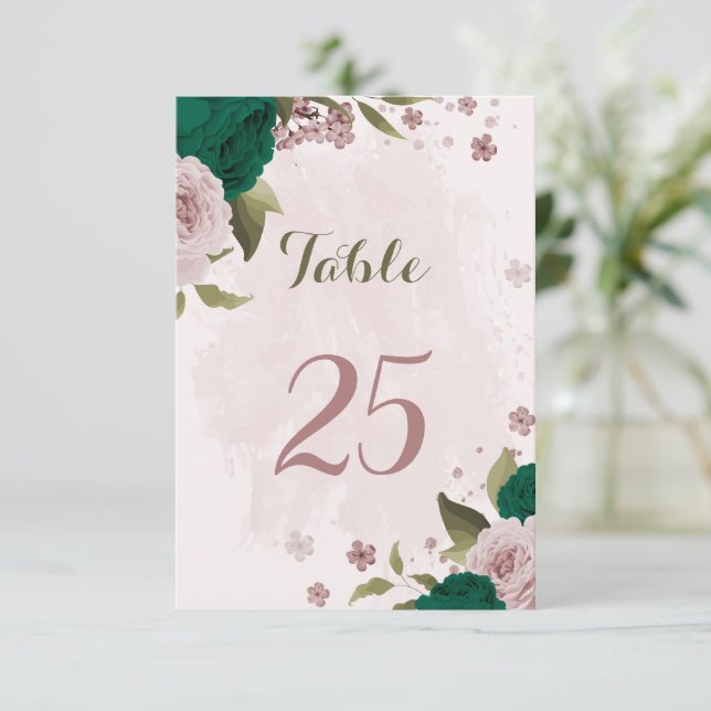 emerald green pink flowers table number card (Standing Front)