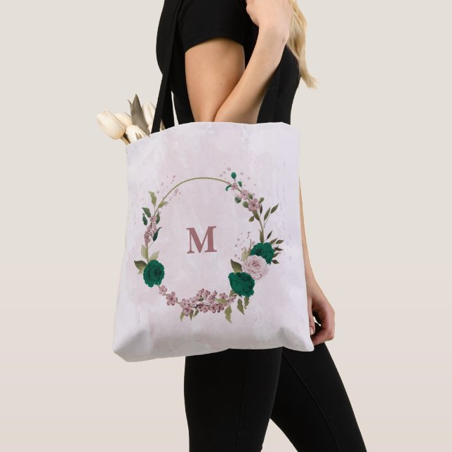 emerald green pink flowers  tote bag (Close Up)