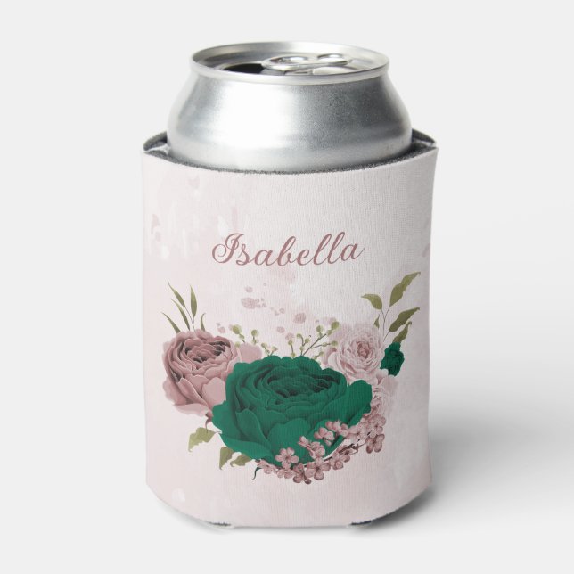 emerald green pink flowers wedding  can cooler (Can Front)