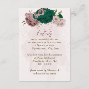emerald green pink flowers wedding details enclosure card