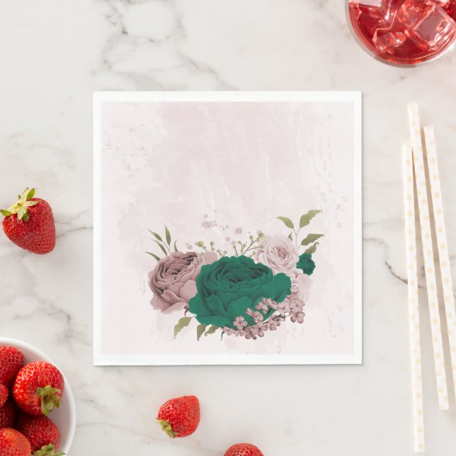 emerald green pink flowers wedding napkin (Insitu)