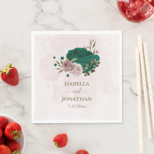emerald green pink flowers wedding napkin