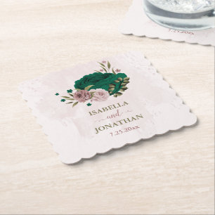 emerald green pink flowers wedding paper coaster