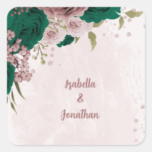 emerald green pink flowers wedding square sticker