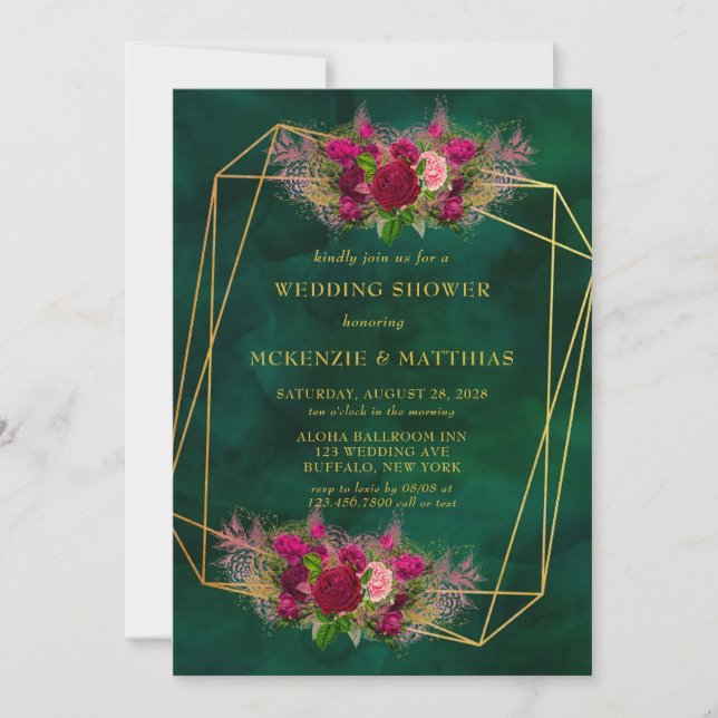 Emerald Green Pink Peony Roses Wedding Shower Invitation (Front)
